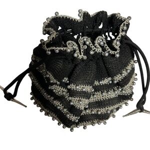 Vintage 1930s Crocheted Black‎ and Silver Beaded Drawstring Purse